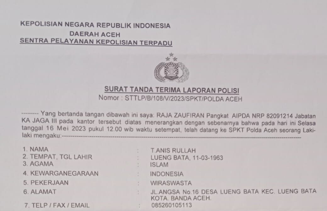 Surat Tanda Terima Laporan Polisi