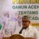 Sekda Aceh, Bustami, SE, M.Si, memberikan sambutan saat membuka Sosialisasi Qanun Aceh Nomor 11 Tahun 2022 Tentang Penyelenggaraan Cadangan Pangan Aceh di Grand Arabia Hotel, Banda Aceh, Rabu (6/9/2023).