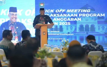 Pj. Gubernur Aceh, Dr. Safrizal, ZA. M. Si dan Juga Selaku Ditjen Bina Adwil Kemendagri Membuka Kick Off Meeting Pelaksanaan Anggaran Tahun 2025 Serta Rapat Fasilitasi dan Koordinasi Program Strategis Direktorat Jenderal Bina Administrasi Kewilayahan Tahun 2025 di Oasis Hotel, Banda Aceh, Kamis, 09/01/2025.