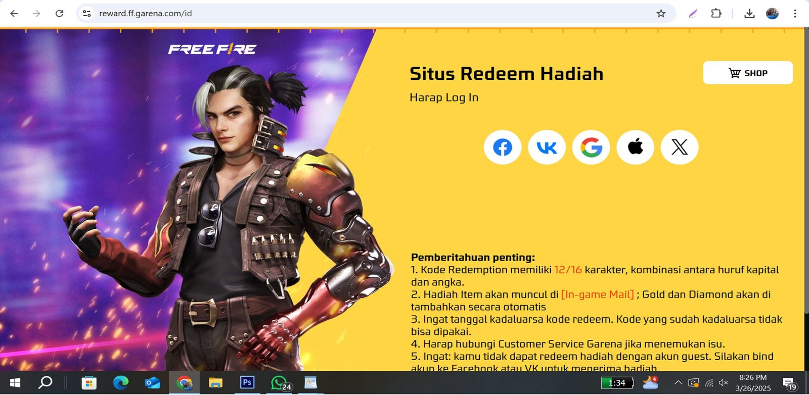 Buruan Klaim, Hanya Ada Satu Kode Redeem FF Free Fire Terbaru 26 Maret 2025, Spesial Rayakan Kemenangan Timnas