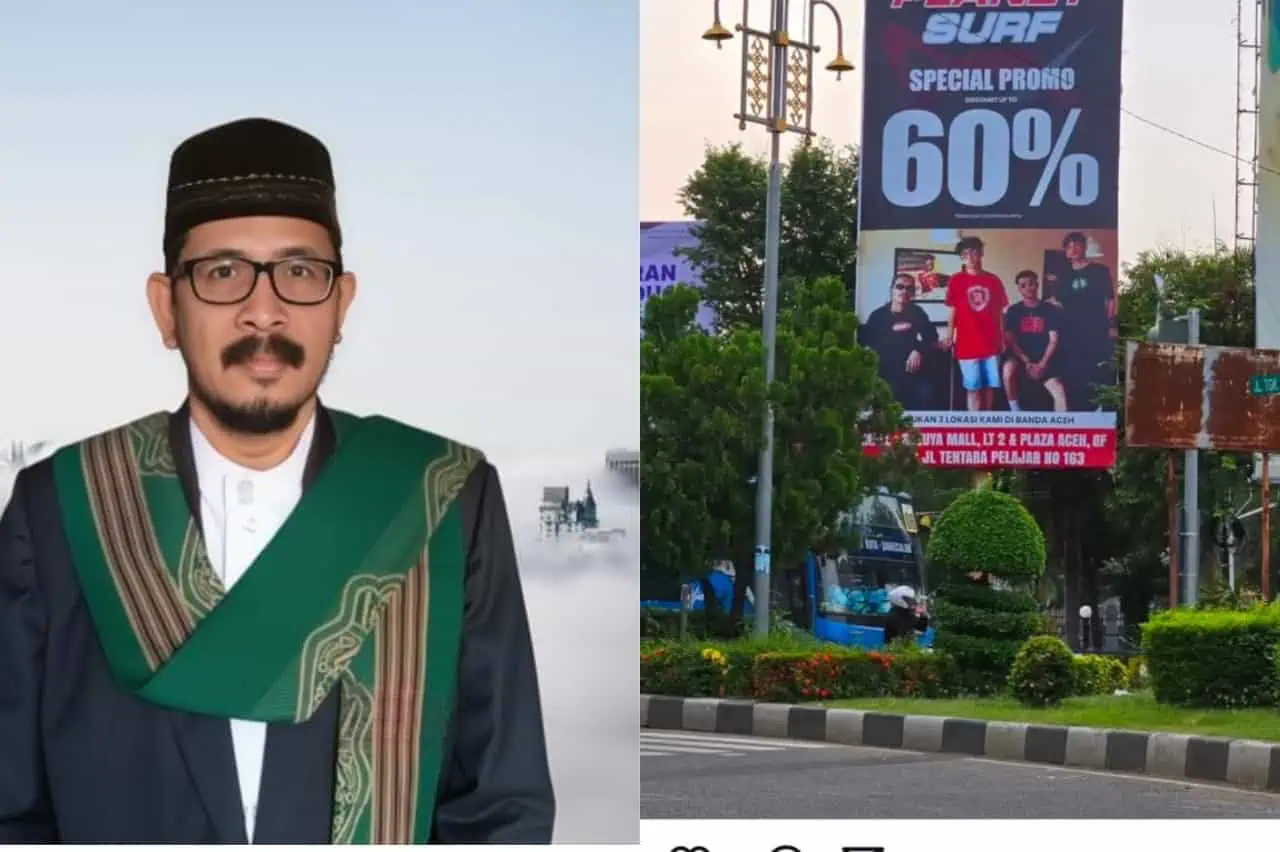 Tgk. Rusli Daud, S.H.I., M.Ag., anggota Majelis Permusyawaratan Ulama (MPU) Kota Banda Aceh (Kiri), Baliho Promosi Celana Pendek (kanan)