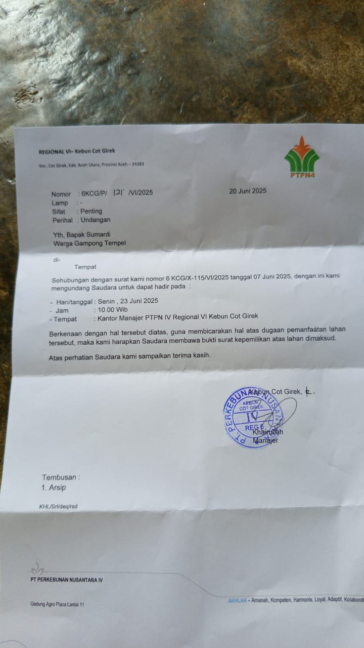 Surat dari Kantor PT PTPN IV Regional 6 Kebun Cot Girek