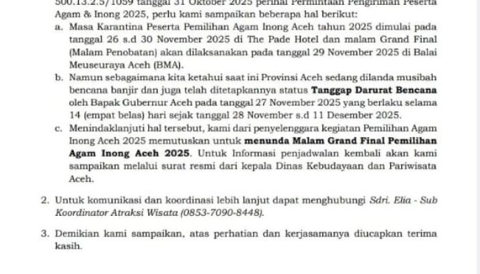 Malam Grand Final Pemilihan Agam Inong Aceh 2025 Ditunda karena Bencana